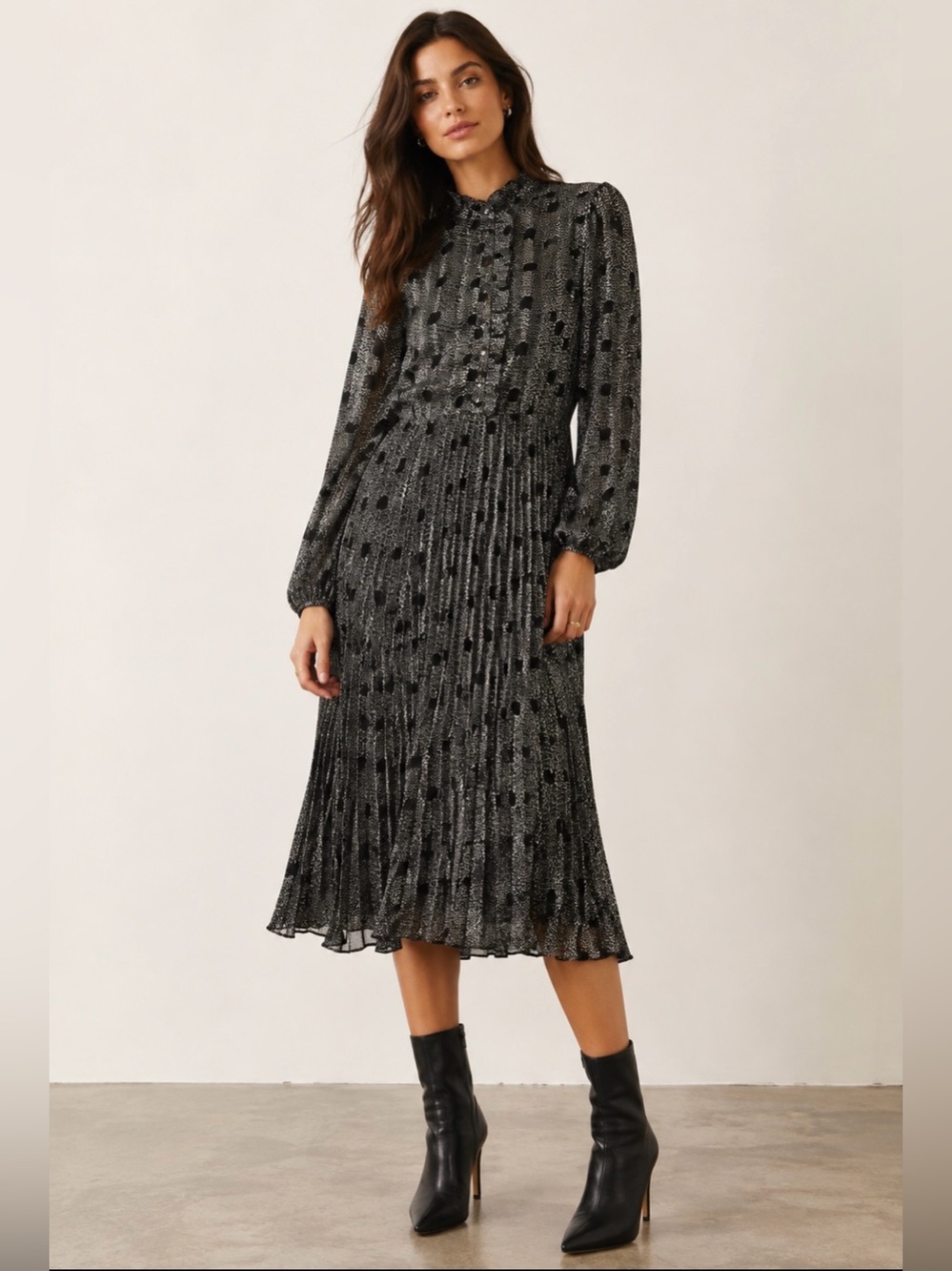 Ba&sh Pleated Midi Dress L Black White Metallic Print Ruffle Neck Long Sleeve